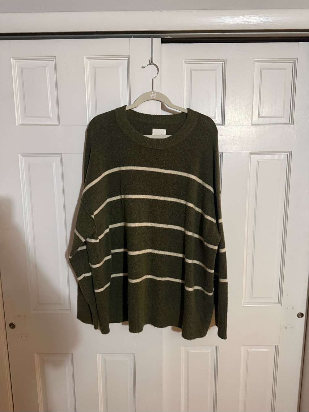 aerie Olive Green Crewneck Sweater with Cream Stripes